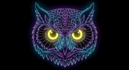 Neon Owl Face Glowing Eyes Illustration on Black
