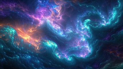 A surreal abstract background with flowing neon light curves in shades of teal, blue, and purple, creating a dreamy and otherworldly effect