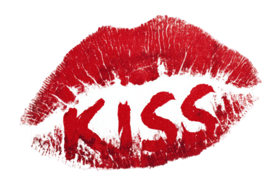 Red lipstick print with the word "KISS" in white
