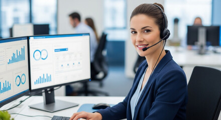 A professional woman wearing a headset and suit sits at a desk with two computer monitors displaying financial charts.
