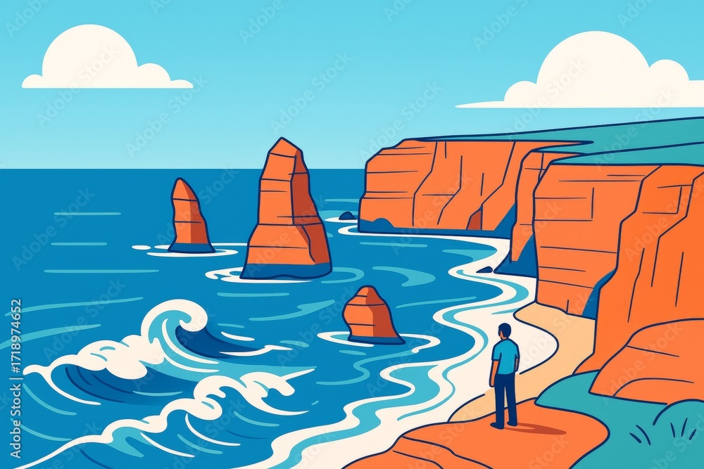 Aufkleber man looking at sea cliffs and rock formations with waves and clouds in a creative style on a bright 