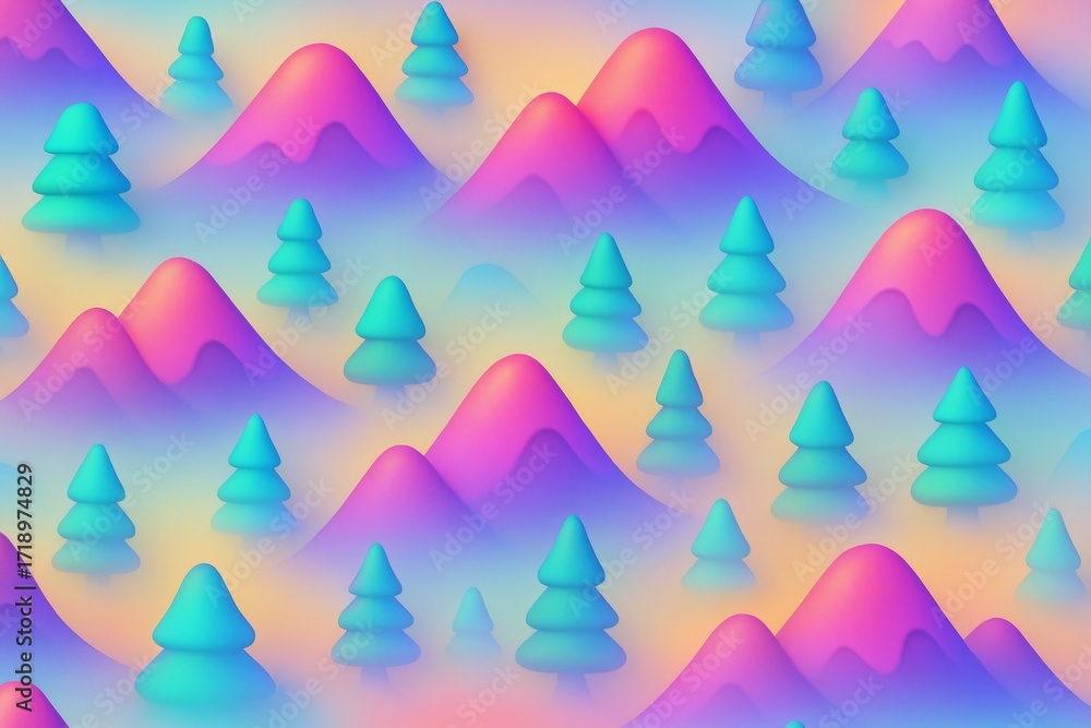 Poster surreal pastel forest landscape with stylized trees and pink mountains on soft gradient background i
