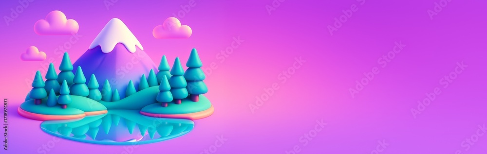 Poster colorful stylized mountain landscape with trees, lake and clouds on vibrant gradient pink background