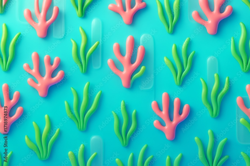 Poster abstract underwater coral and seaweed background in vibrant colors on blue surface, showcasing playf