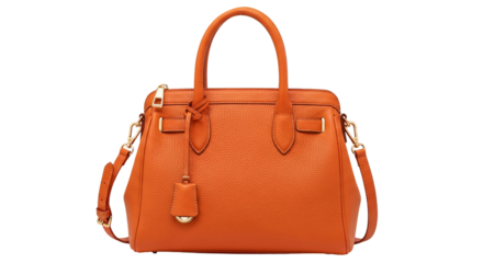 A stylish orange leather handbag with top handles and a detachable shoulder strap, presented against a clean white background.