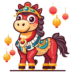 Fototapeta premium god of wealth horse, asian, horse, dressed up for new year festival celebration, vector, transparent background, asia, animal, festival, culture, isolated, mammal