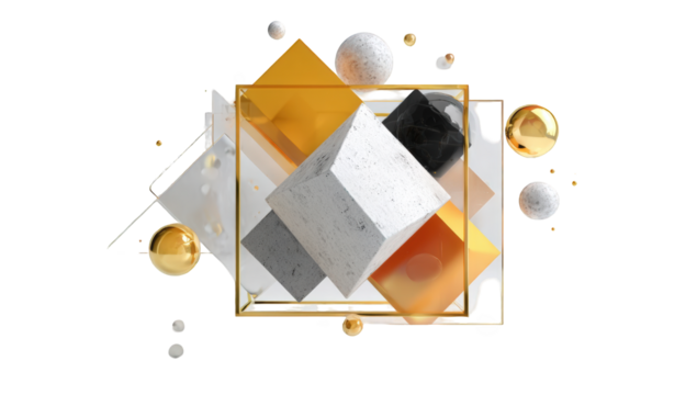 Abstract composition of geometric shapes in gold, white, and black