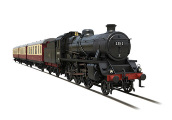 Obraz premium Free Transparent PNG Rustic Vintage Steam Locomotive and Passenger Cars on Tracks
