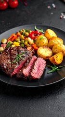 Grilled steak with roasted vegetables and potatoes