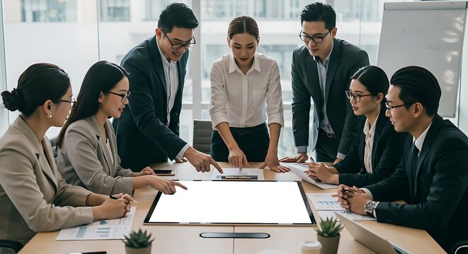 Screen white mockup business team working together in office