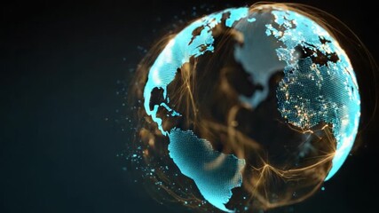 Futuristic digital globe with glowing continents and light trails representing global network connections, international business, and data transfer against a dark background with copy space - Powered by Adobe