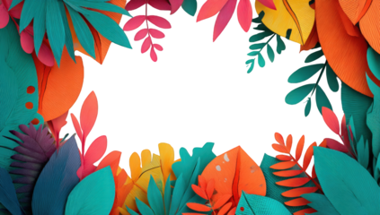 Vibrant tropical leaves frame a black void