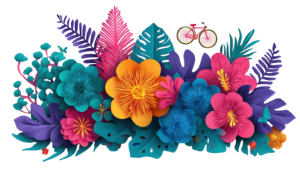 Vibrant floral arrangement with tropical leaves and a bicycle