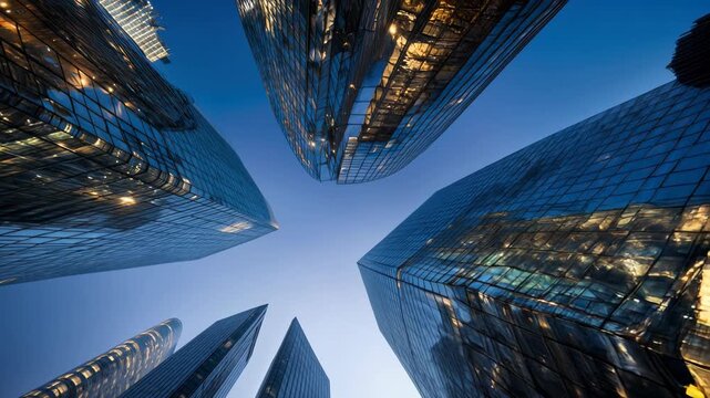 Four-way skyline vortex with evening luxury skyscrapers facades and architectural glow, stylized hero plate for city brands and finance promotion.