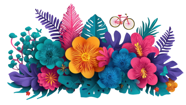 Vibrant floral arrangement with tropical leaves and a bicycle