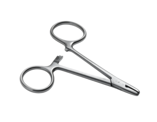 A stainless steel surgical instrument, resembling small, slender forceps with circular handles, lies angled on a black background