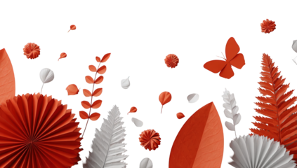 Red and white paper flowers and leaves