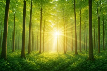 Obraz premium Enchanted forest with tall trees and glowing sunlight rays creating dreamy atmosphere in green landscape background, no people in view.