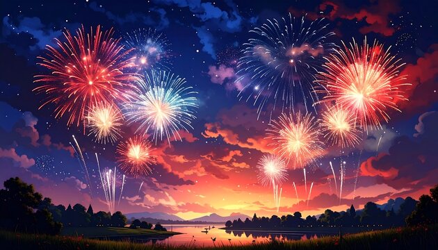 Fireworks display over a tranquil lake at sunset