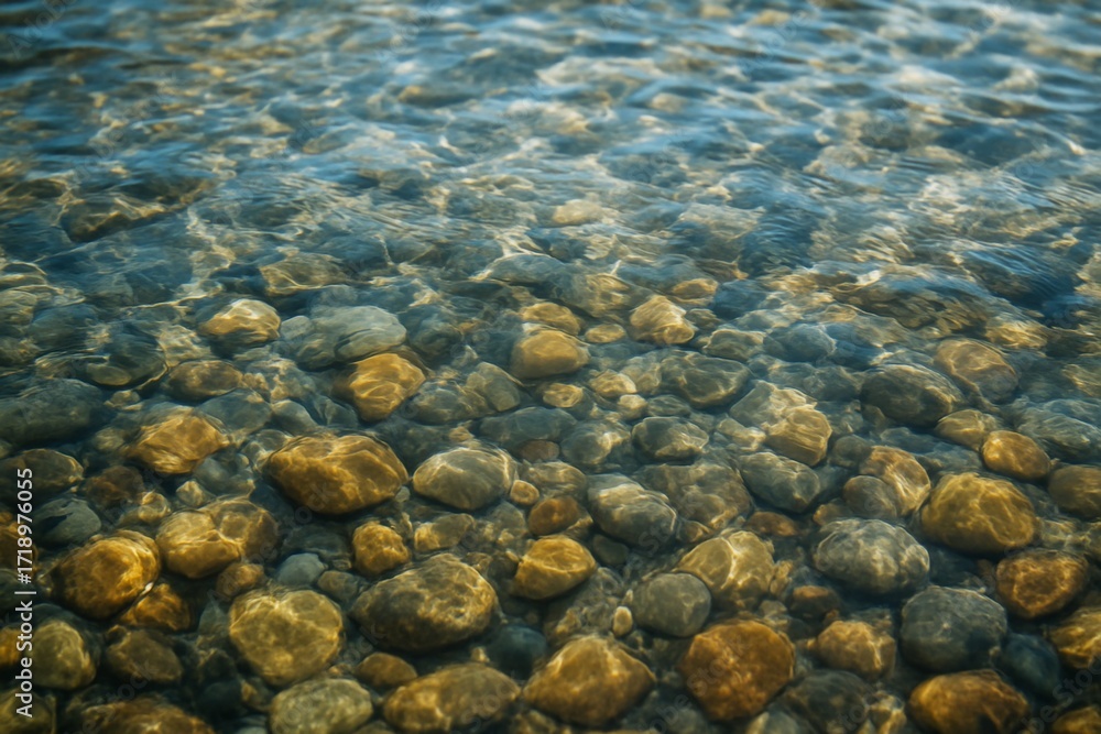 Poster clear water surface with smooth river stones illuminated by natural sunlight creating a calming natu