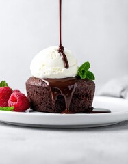 Chocolate Lava Cake with Ice Cream and Raspberries