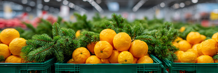 Fresh Mandarins with Pine Branches at Christmas Market Stall