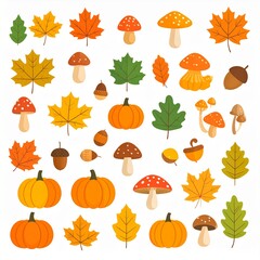 Flat vector icon set of autumn elements including maple leaves, oak leaves, acorns, pumpkins, and various mushrooms isolated on a white background