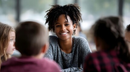 A young Black woman smiles warmly while interacting with a diverse group of children during a collaborative learning activity at a table