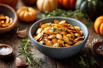 Bowl of roasted salted pumpkin seeds garnished with rosemary on rustic table. Bowl of roasted pumpkin seeds with sea salt and herbs, wooden table with fall decorations