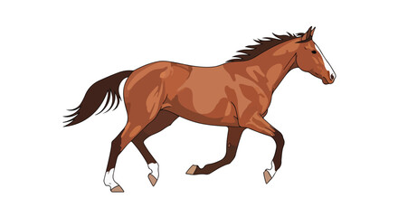 Cartoon illustration showcasing a brown horse galloping gracefully with white socks isolated on a clean white background, displaying elegant