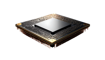 A dark-grey square microprocessor with gold contact pins sits on a black background, illuminated to highlight its details and texture