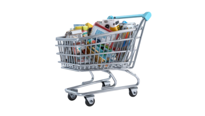 Shopping cart overflowing with assorted items