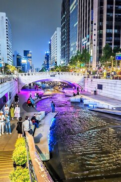 Cheonggyecheon stream and public space in downtown Seoul, South Korea.
