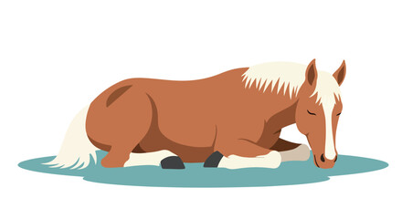 Fototapeta premium Restful equine: A serene cartoon illustration of a chestnut horse taking a nap on a cool blue surface