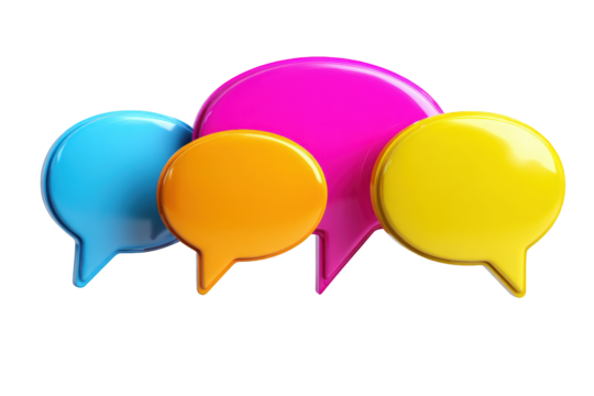 Three vibrant speech bubbles in primary colors