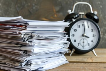 A high stack of papers sits beside a classic black alarm clock on a wooden surface, suggesting a deadline or overwhelming workload