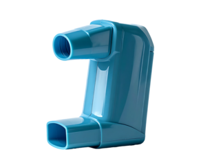 A vibrant teal, plastic inhaler with a smooth, glossy finish; two mouthpiece openings and a rectangular body