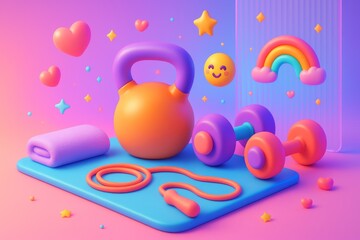 Fototapeta premium Colorful gym equipment with happy fitness theme on vibrant pink and purple background, surrounded by floating hearts and stars. Ai generative