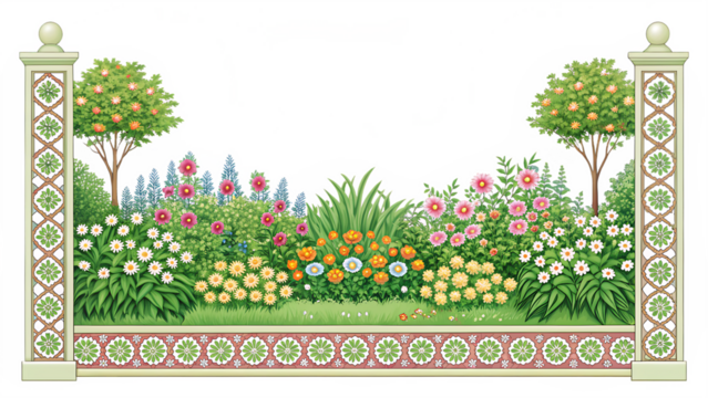 Beautiful garden with flowers isolated on transparent background, a charming and colorful scene for your creative designs