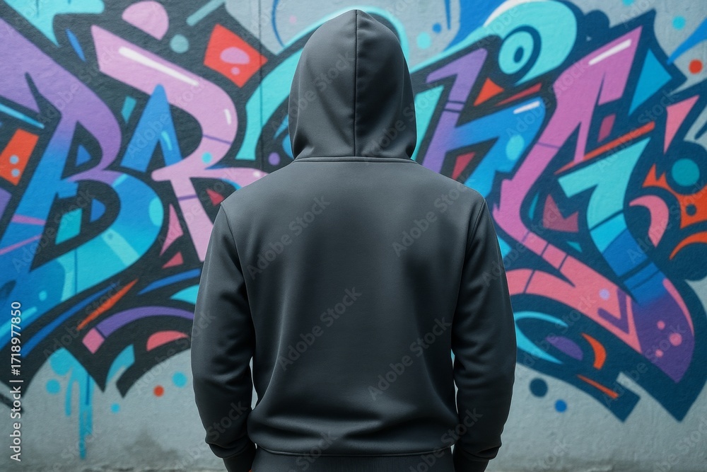 Poster hoodie mockup of man standing with back to colorful graffiti wall, clean and empty for branding pres