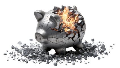 Broken piggy bank on a bed of rubble, flames erupting from the split body