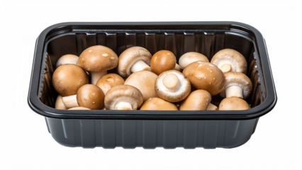 Fresh cremini mushrooms in a black plastic container isolated on transparent background ready to cook and add to your favorite recipes