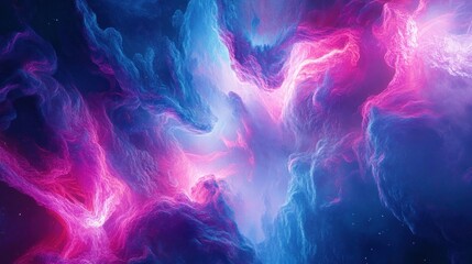 Obraz premium A surreal abstract scene with glowing neon light trails and vibrant gradients in pink, blue, and purple, cutting through a dark background for a mysterious effect