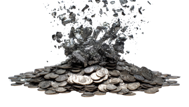 Silver coins erupting in a burst