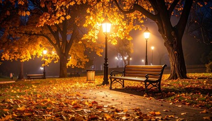 Peaceful night scene in a city park during autumn, with a solitary wooden bench bathed in the warm glow of street lamps and golden trees