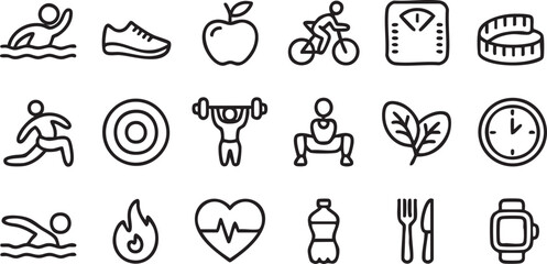 Exercise and training icons for healthy living, wellness, and sports design use