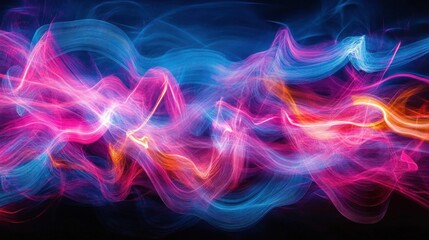 Fototapeta premium A surreal abstract scene with glowing neon light trails in pink, blue, and purple, cutting through the darkness to create a dreamy, otherworldly atmosphere