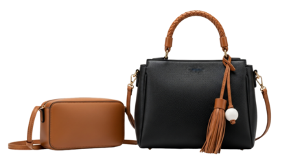 Two stylish handbags, one black with a braided handle and tassel, the other brown.