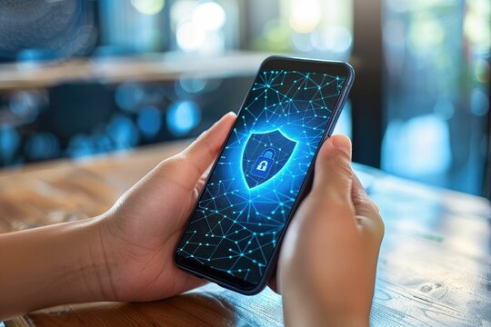 Close-up of hands holding a smartphone displaying a digital shield and lock icon, symbolizing online security and data protection.  The setting appears to be a cafe - Powered by Adobe