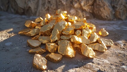 A pile of glistening gold nuggets rests on light-brown sand, backlit by a warm sun against a rocky backdrop